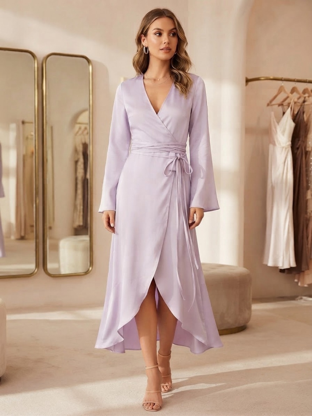 ASOS Lilac Long Sleeve Wrap High-Low Midi Dress